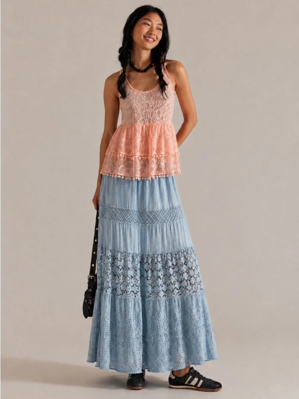 Free People Lace Babydoll Tank Pom Pom Trim Boho Festival Top Pastel Peach